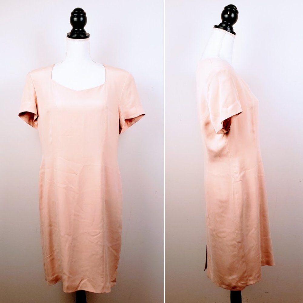 LORD & TAYLOR Vintage Dress, Light Pink 100% Silk Short Sleeve Career Zipper, 14